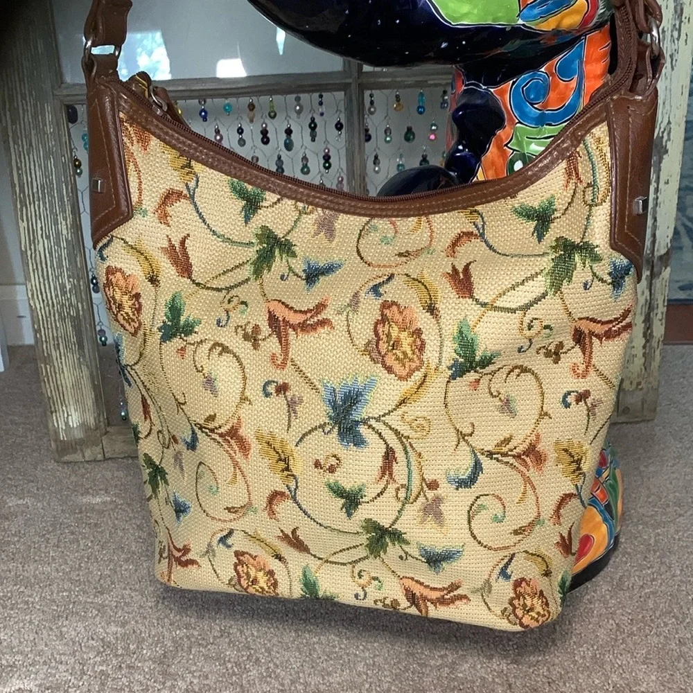 Floral Embroidered Tan and Brown Women's Bag - Picture 2 of 7